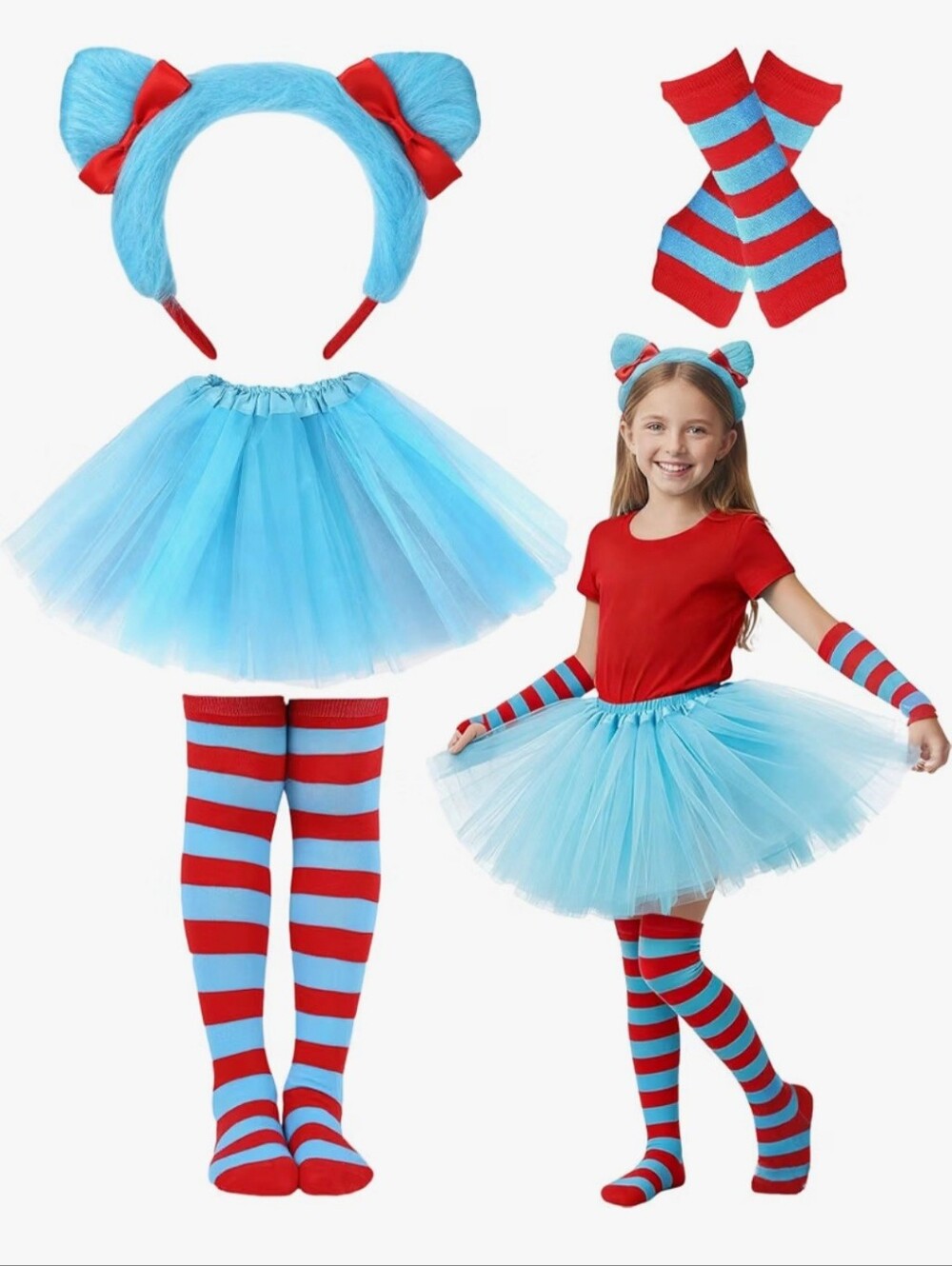 Blue & Red Striped Kids Costume Set with Tulle Skirt and Headband SMALL